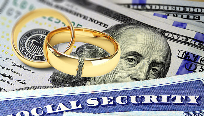 Two gold wedding rings placed on U.S. currency with a Social Security card, symbolizing marriage, finances, and retirement benefits.