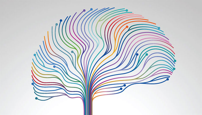 Artistic illustration of a brain with rainbow-colored wires symbolizing cognitive health.