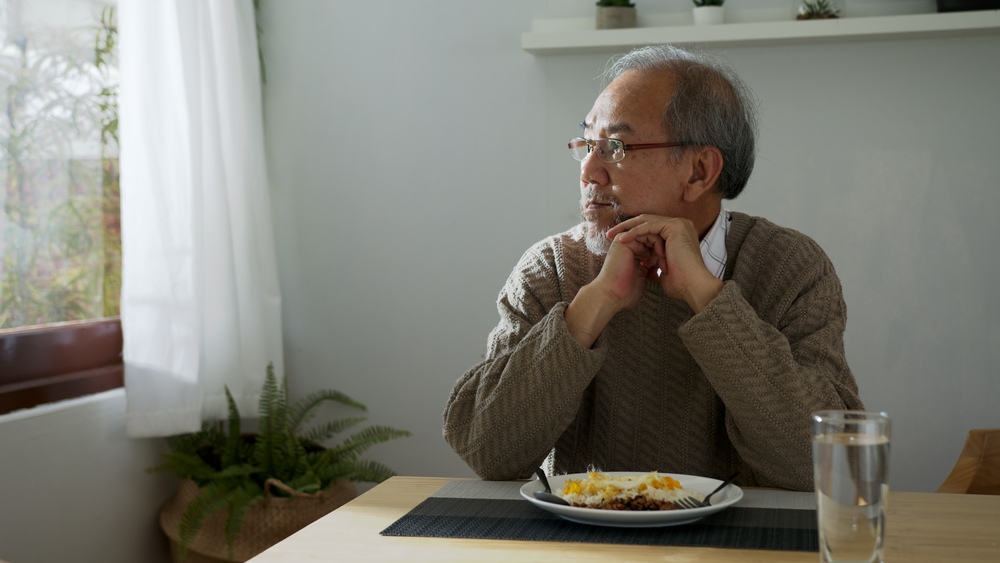 Sad,Old,Retired,Gray,Haired,Grandpa,Asian,Man,Sitting,Alone