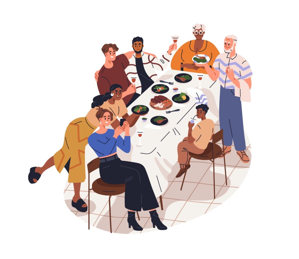 Family,Gathering,Together,At,Dinner,Table.,Happy,Old,And,Young